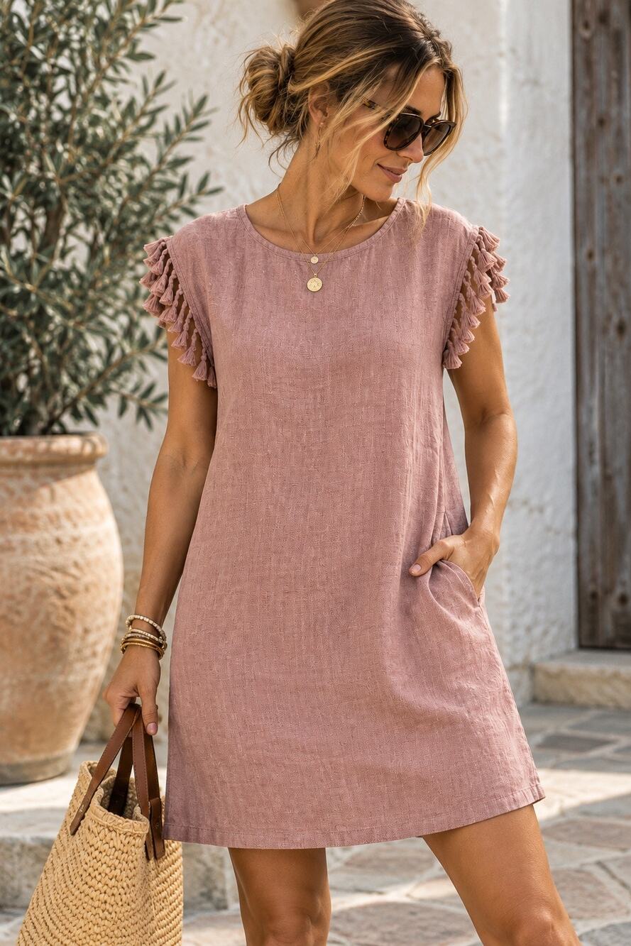 Antibes Blanc Womens Sz M 100% Linen Dress Dusty Rose Tassel Sleeve Shift Boho